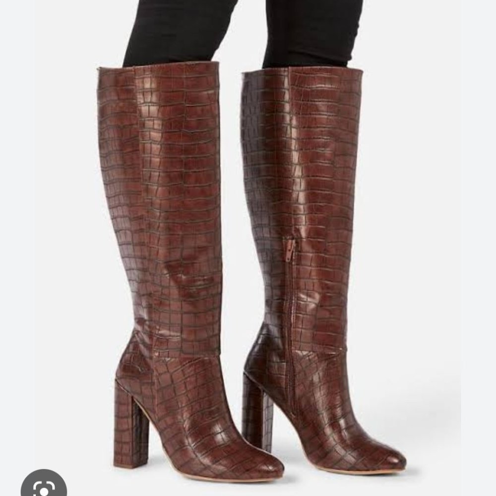 JUSTFAB Grasie Brown Croc Embossed Knee High Boots